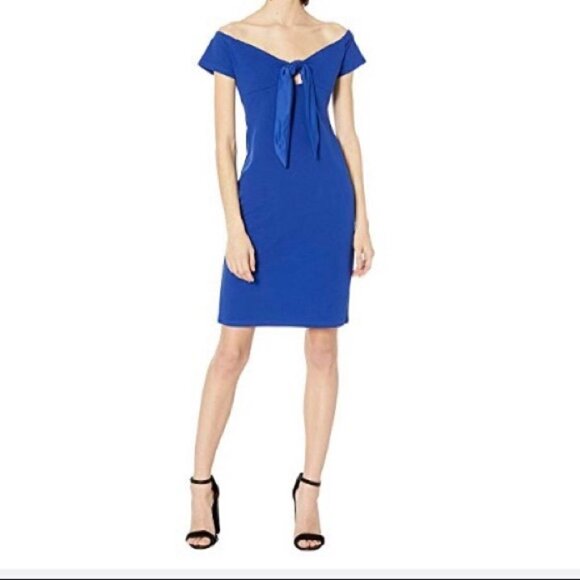 NEW Bebe 6 Off Shoulder Dress Tie Front Keyhole in Royal Blue Cocktail - Picture 1 of 10